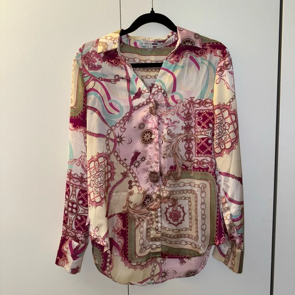 Fashion Nova Spending Spree Satin Button Down Blouse | Pink/Combo - Picture 5 of 6